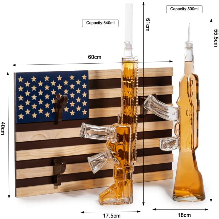 AR15 and AK47 Gun Decanter Set (1000ml) American Flag Wall Rack by The Wine Savant