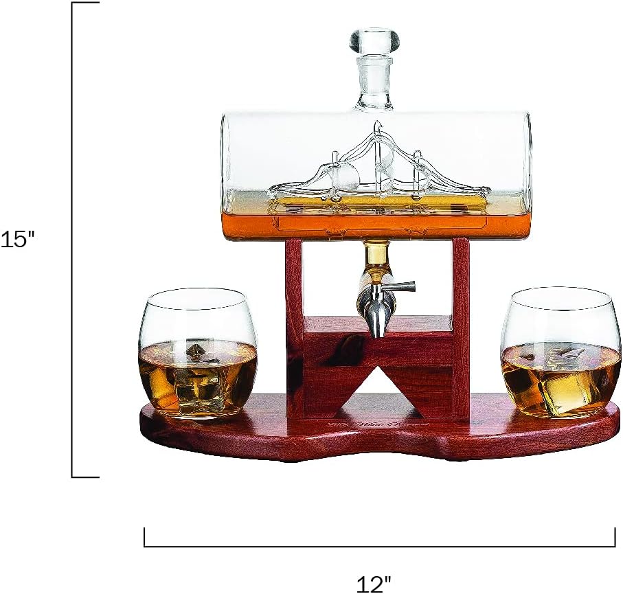 Whiskey Decanter Set - (1250ml) Ship & 2 Whiskey Glasses - by The Wine Savant