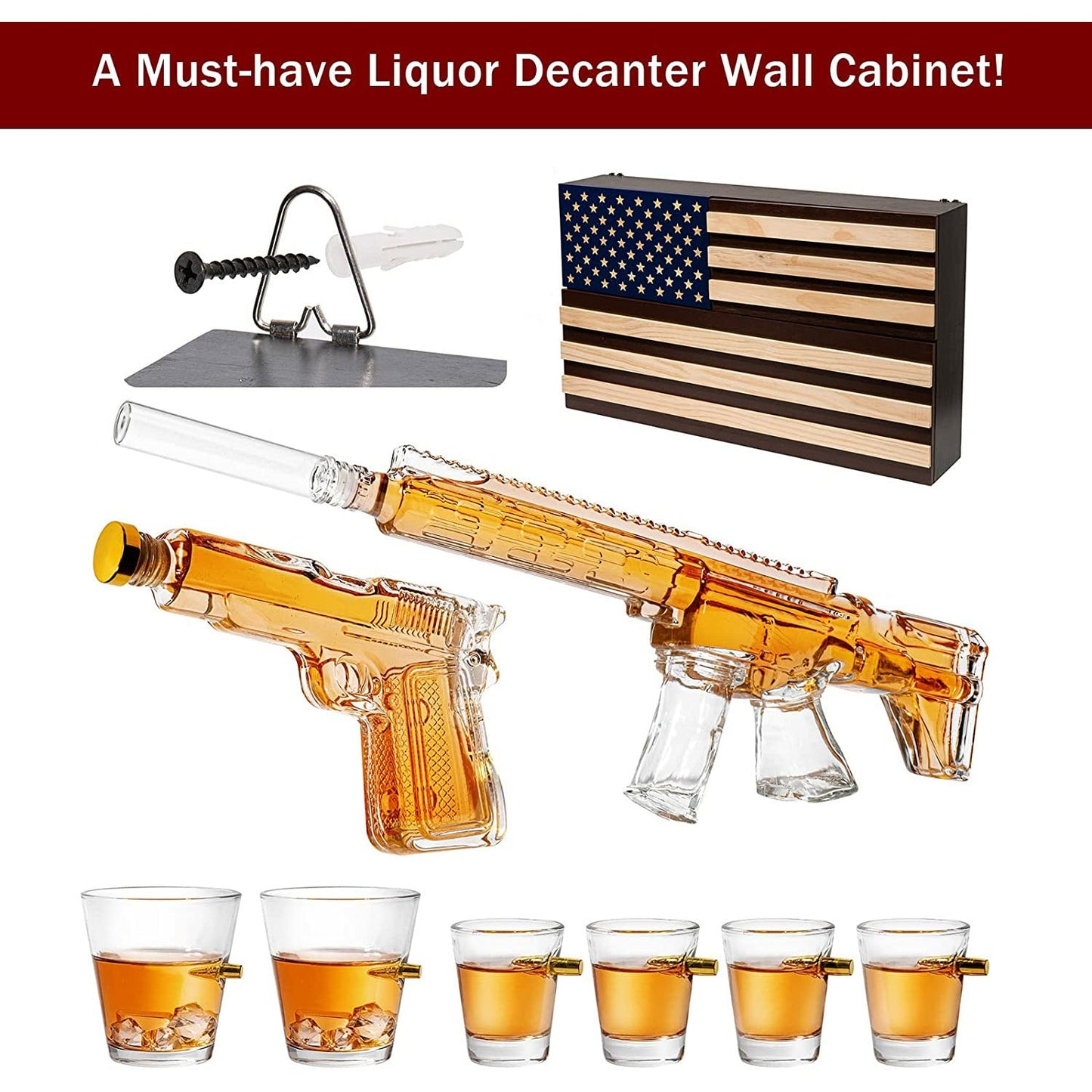 AR15 Whiskey Gun Decanter Flag Set - 1000ml Rifle & Pistol Set - by The Wine Savant