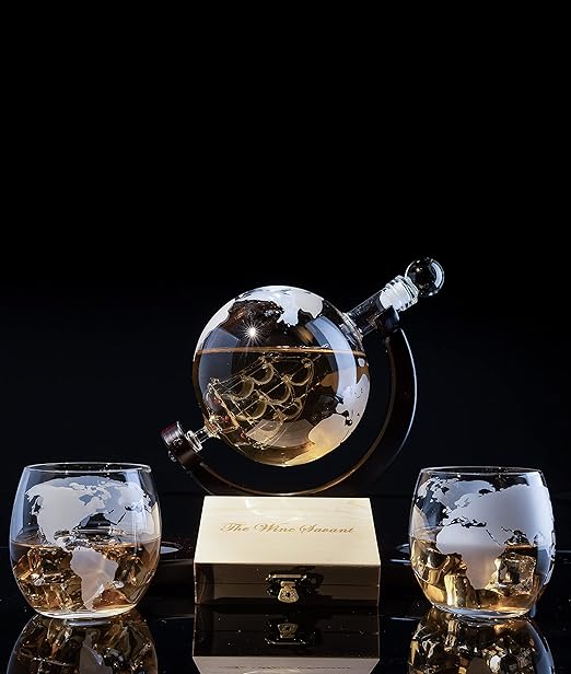 Whiskey & Wine Decanter Globe World Set - by The Wine Savant