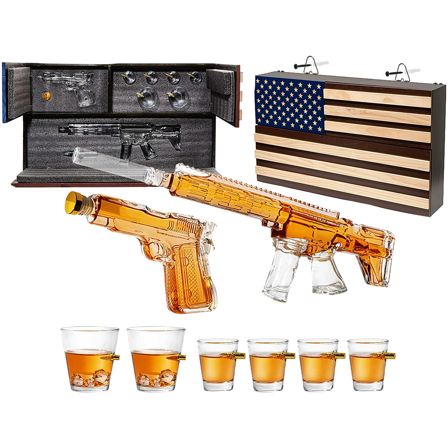 AR15 Whiskey Gun Decanter Flag Set - 1000ml Rifle & Pistol Set - by The Wine Savant