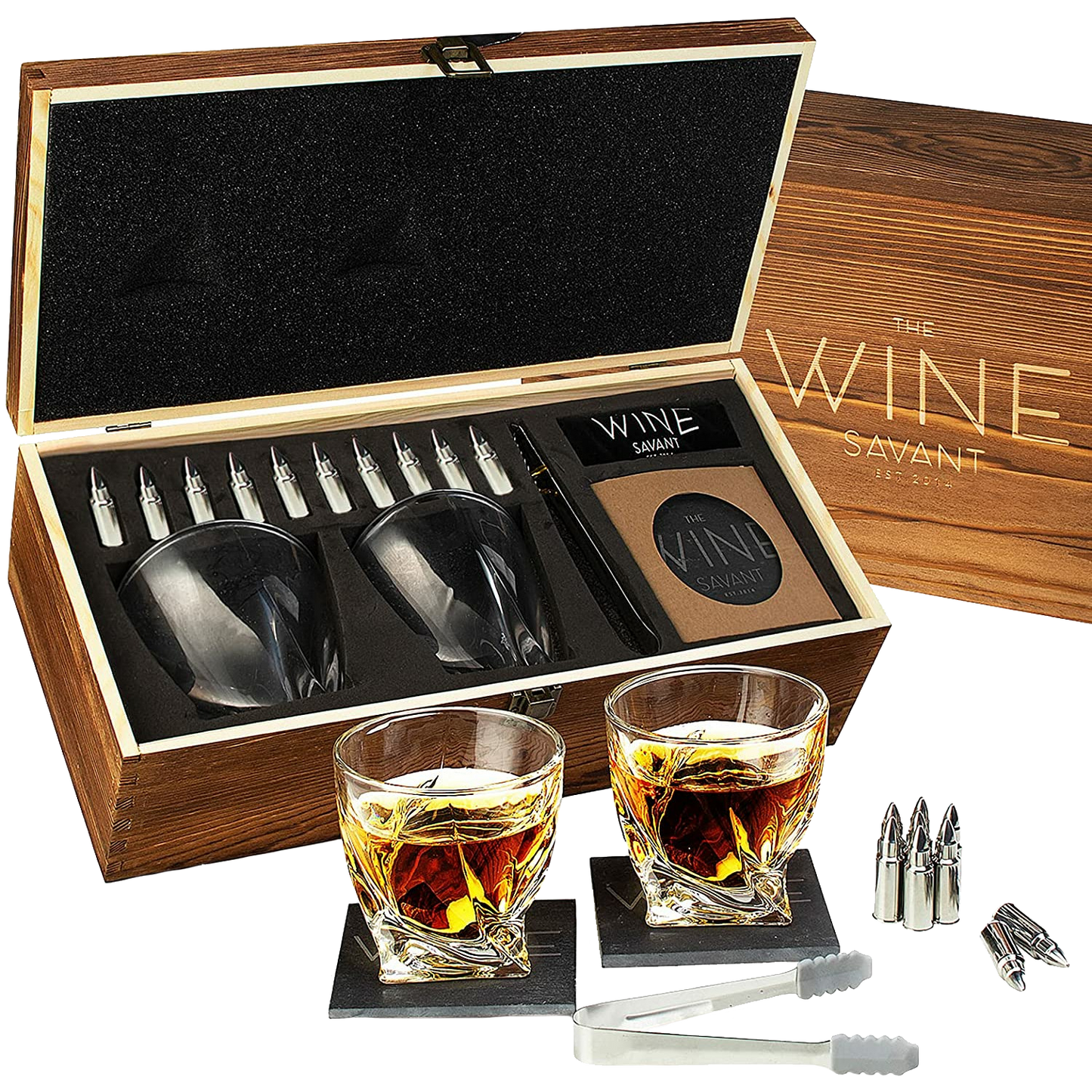 Luxurious Bar Gift Set - 2 Whiskey Glasses + 10 Bullets Chilling Stainless-Steel Whiskey Rocks - Slate Stone Coasters & Tongs - by The Wine Savant