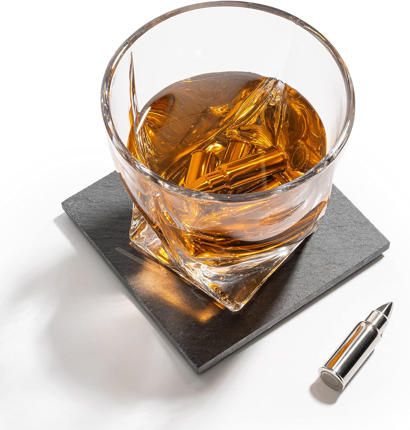 Luxurious Bar Gift Set - 2 Whiskey Glasses + 10 Bullets Chilling Stainless-Steel Whiskey Rocks - Slate Stone Coasters & Tongs - by The Wine Savant