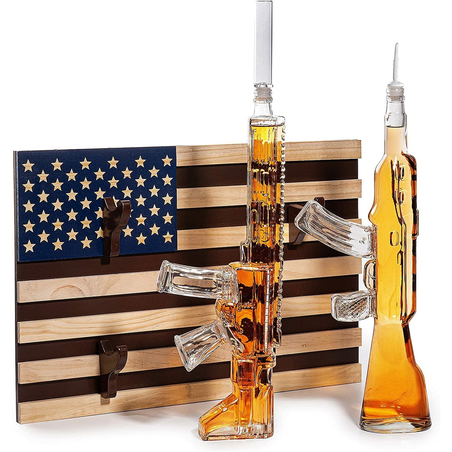 AR15 and AK47 Gun Decanter Set (1000ml) American Flag Wall Rack by The Wine Savant