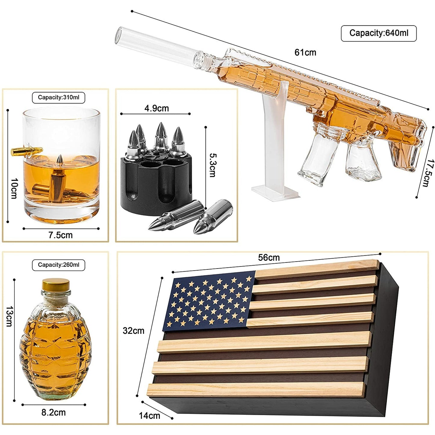 AR15 Whiskey Gun Decanter Flag Set - 1000ml Rifle & Pistol Set - Hanging Storage American Flag - by The Wine Savant