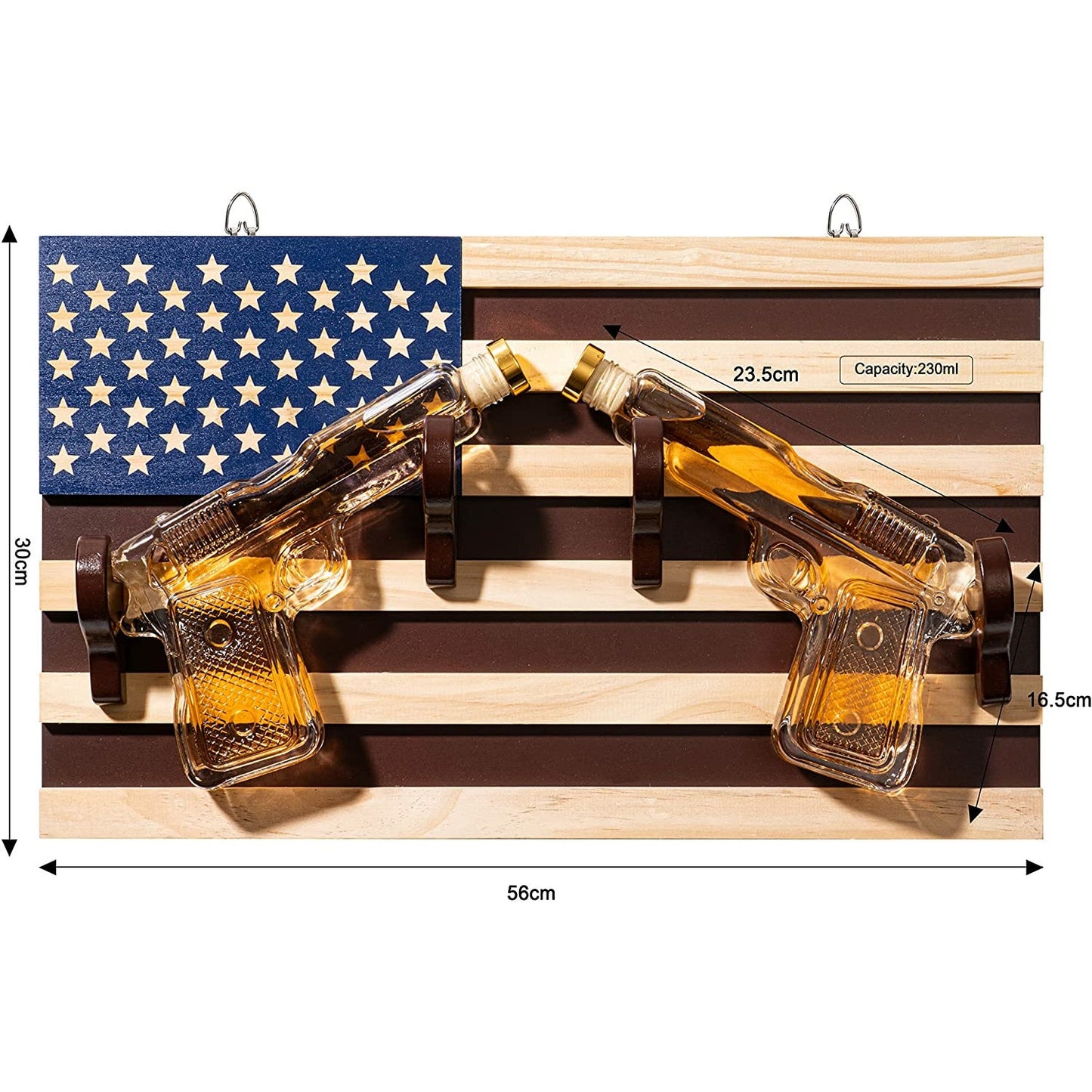 Pistol Whiskey Decanter Set of 2 (300ml) On American Flag Wall Rack by The Wine Savant