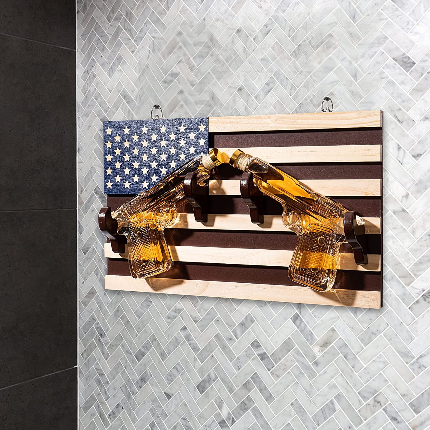 Pistol Whiskey Decanter Set of 2 (300ml) On American Flag Wall Rack by The Wine Savant