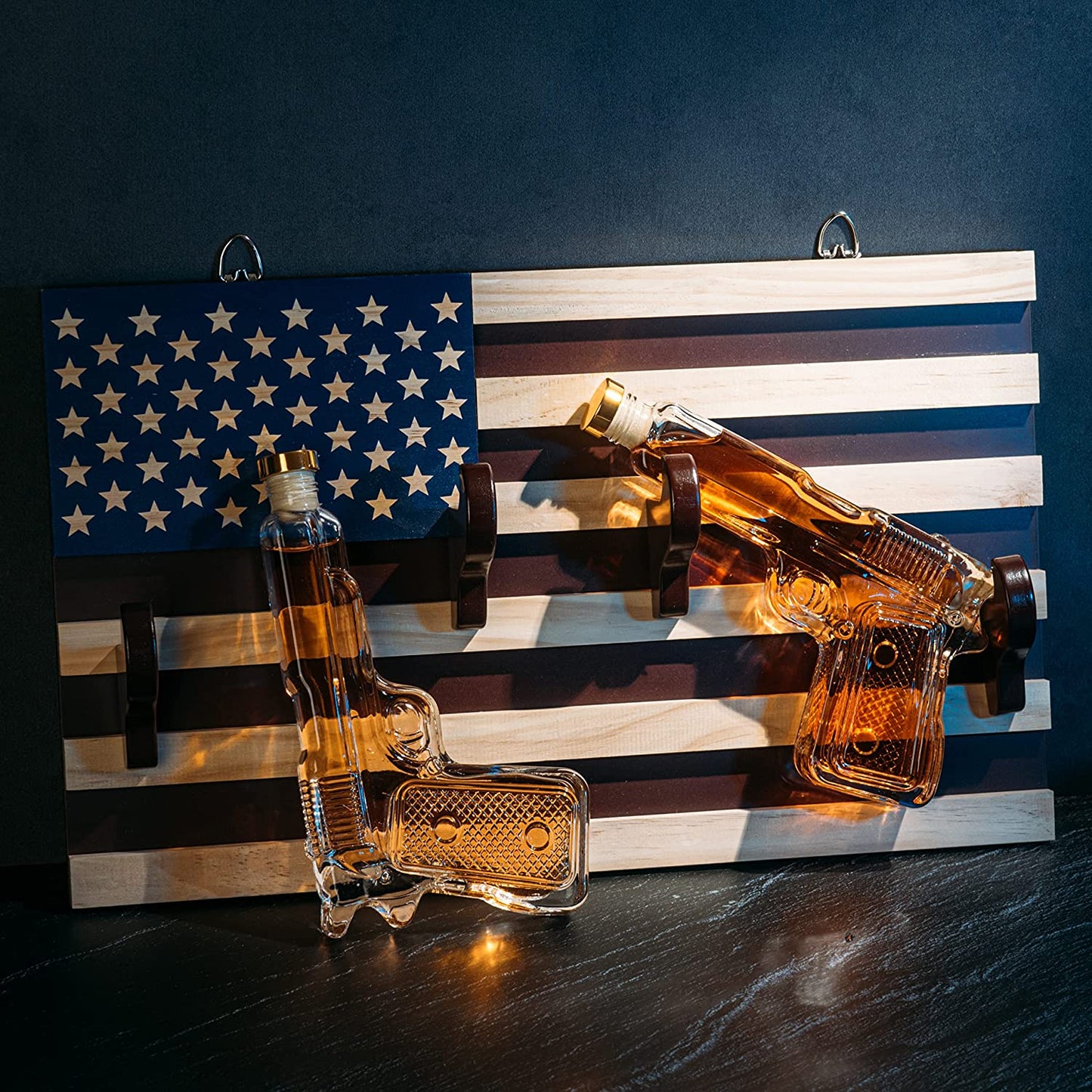 Pistol Whiskey Decanter Set of 2 (300ml) On American Flag Wall Rack by The Wine Savant