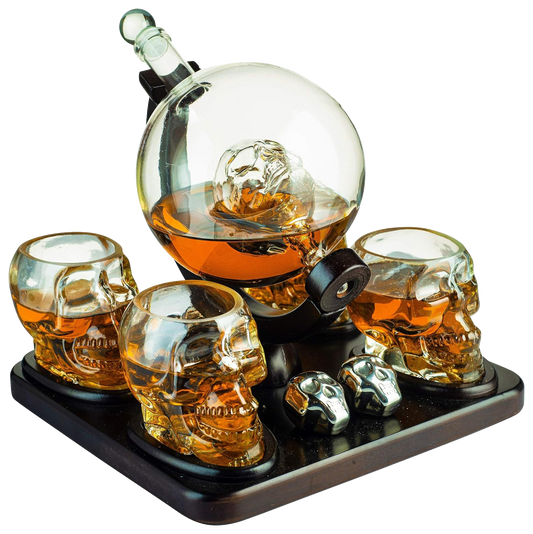 Skull Wine & Whiskey Globe Decanter Set With 4 Skull Shot Glasses (3oz) - by The Wine Savant