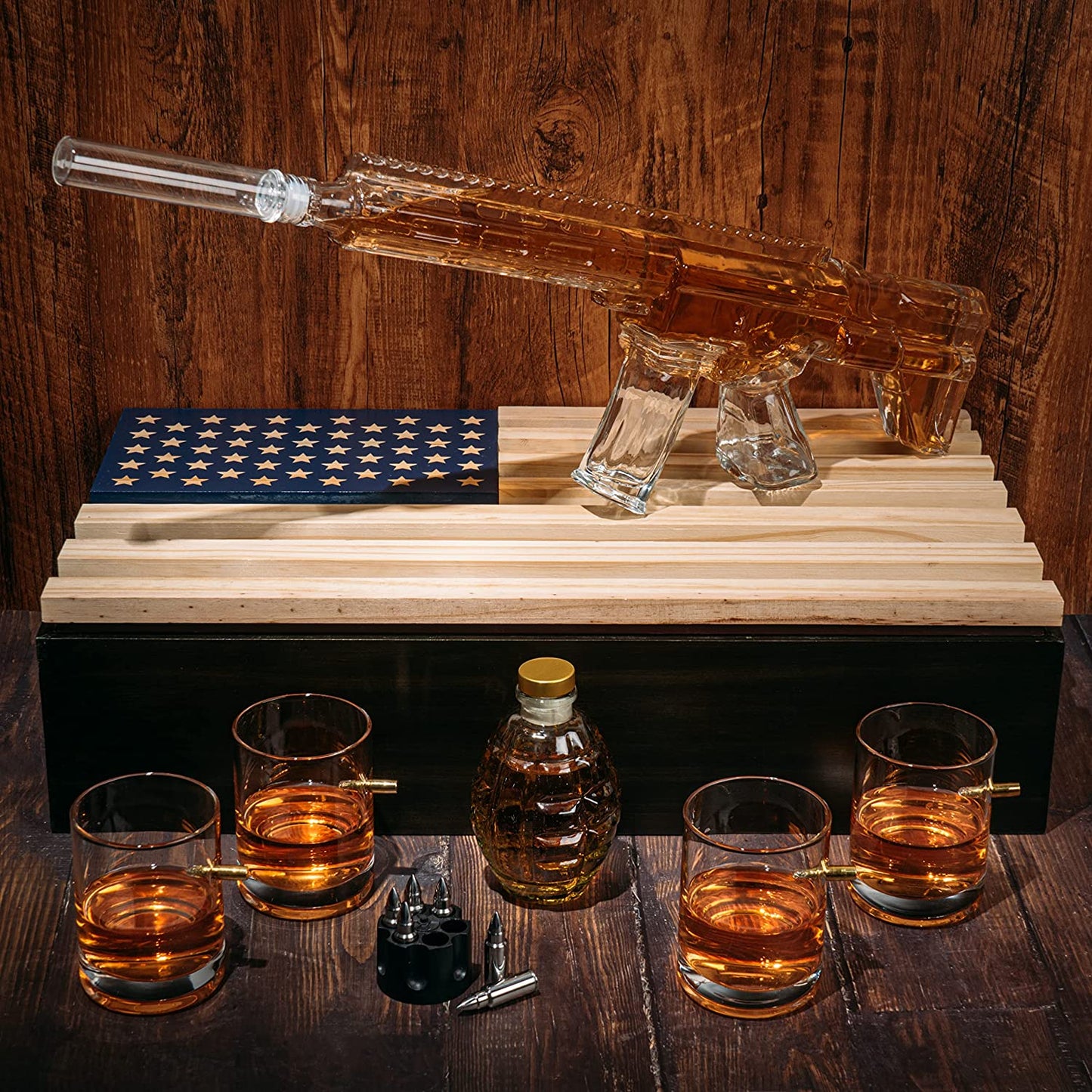 AR15 Whiskey Gun Decanter Flag Set - 1000ml Rifle & Pistol Set - Hanging Storage American Flag - by The Wine Savant