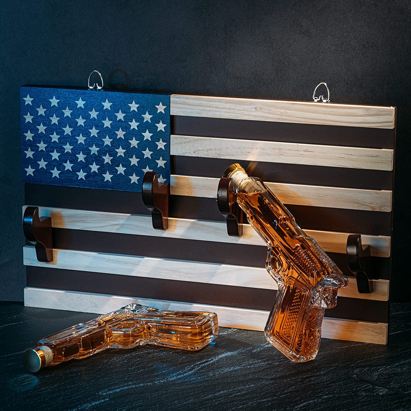 Pistol Whiskey Decanter Set of 2 (300ml) On American Flag Wall Rack by The Wine Savant