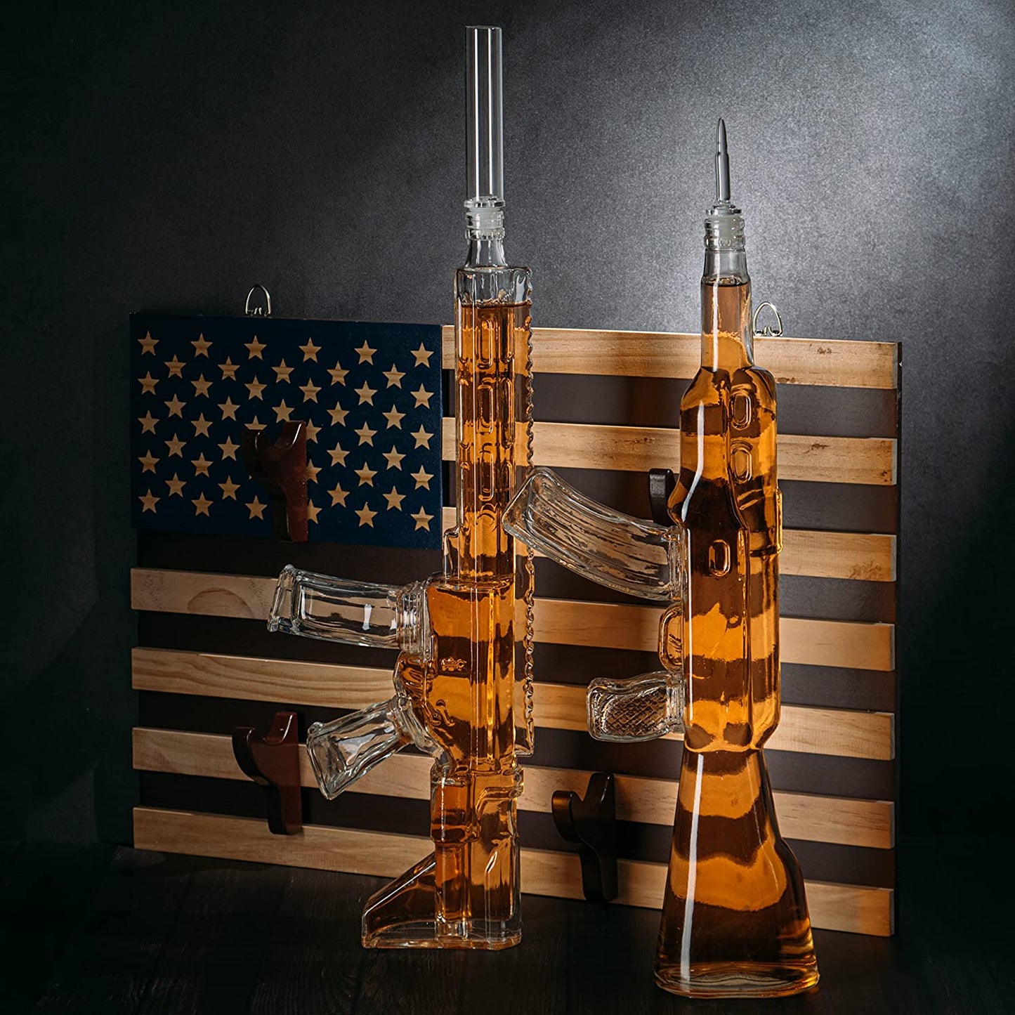 AR15 and AK47 Gun Decanter Set (1000ml) American Flag Wall Rack by The Wine Savant