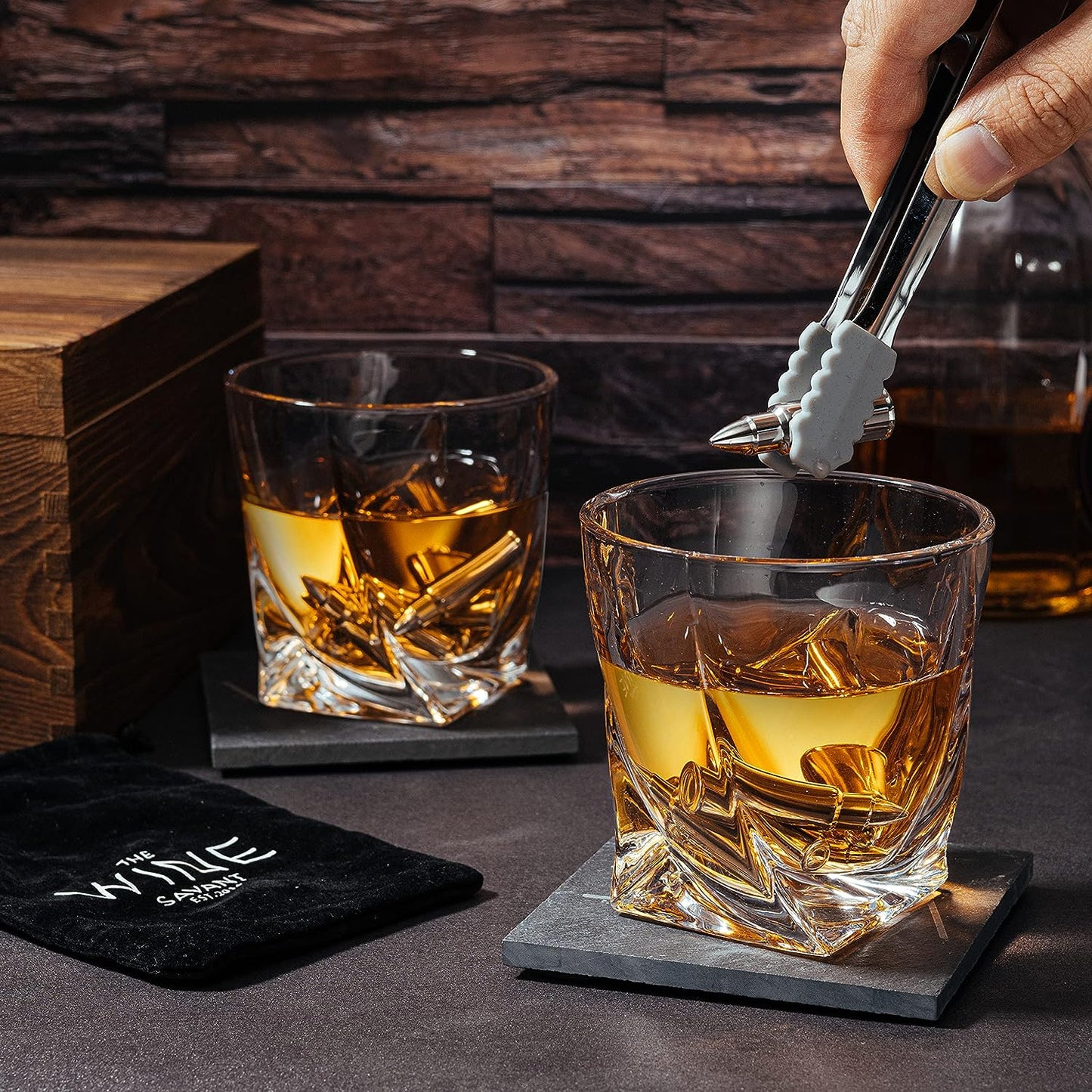 Luxurious Bar Gift Set - 2 Whiskey Glasses + 10 Bullets Chilling Stainless-Steel Whiskey Rocks - Slate Stone Coasters & Tongs - by The Wine Savant