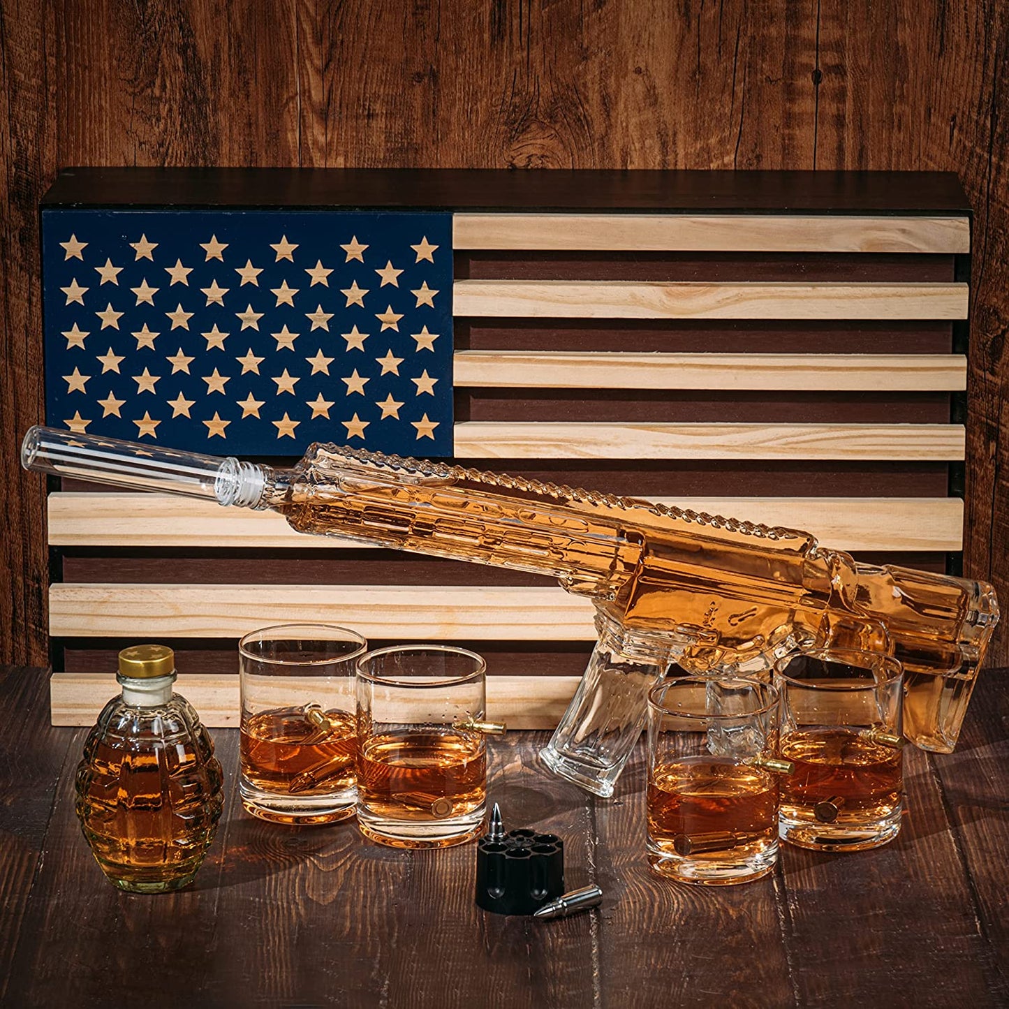 AR15 Whiskey Gun Decanter Flag Set - 1000ml Rifle & Pistol Set - Hanging Storage American Flag - by The Wine Savant