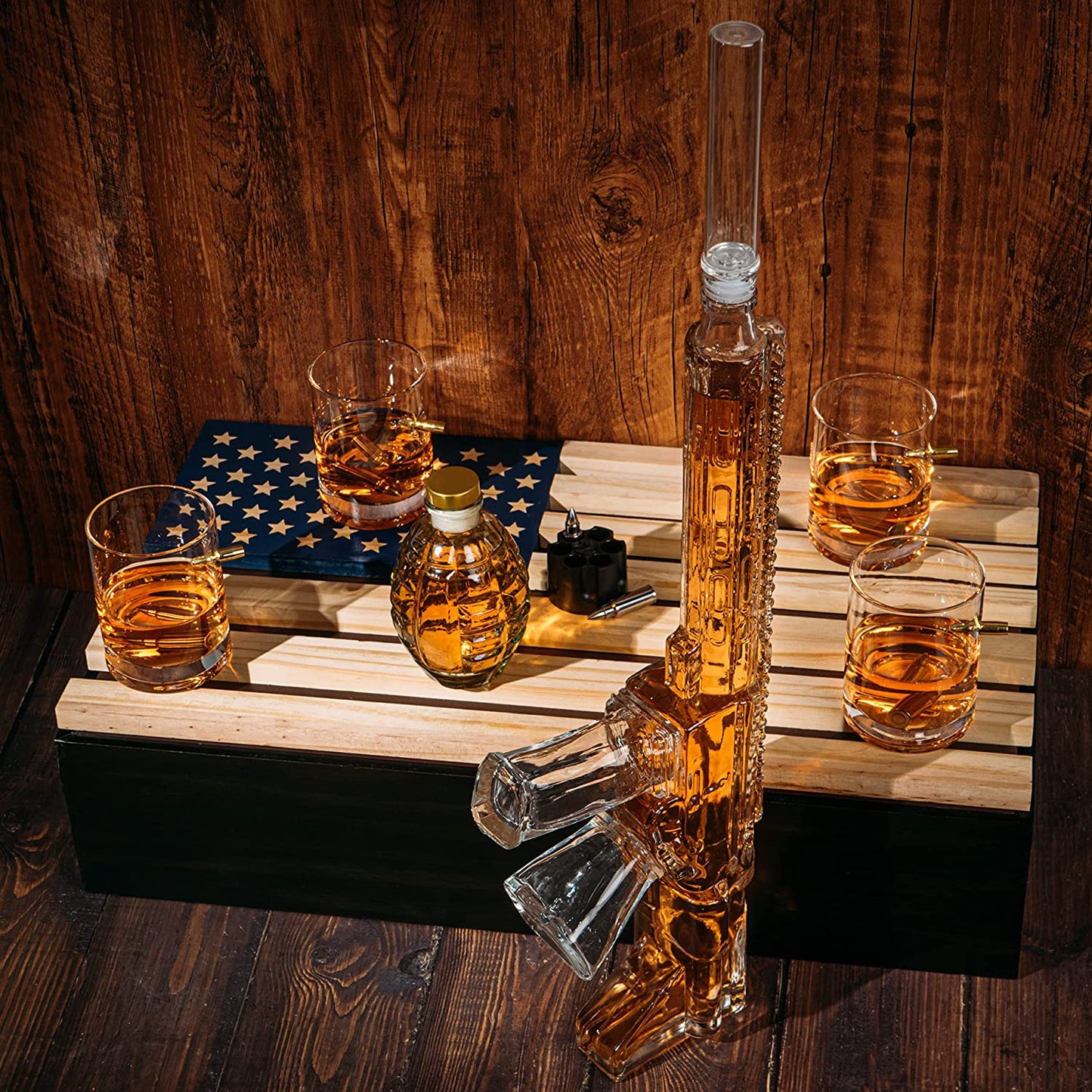 AR15 Whiskey Gun Decanter Flag Set - 1000ml Rifle & Pistol Set - Hanging Storage American Flag - by The Wine Savant