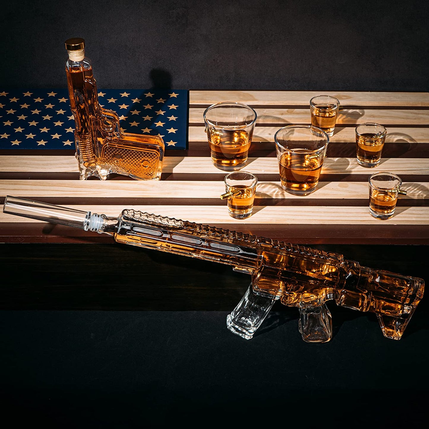 AR15 Whiskey Gun Decanter Flag Set - 1000ml Rifle & Pistol Set - by The Wine Savant