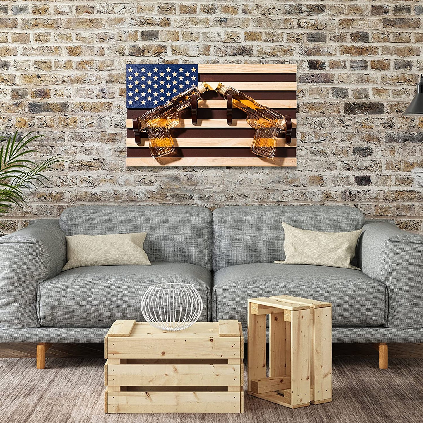 Pistol Whiskey Decanter Set of 2 (300ml) On American Flag Wall Rack by The Wine Savant