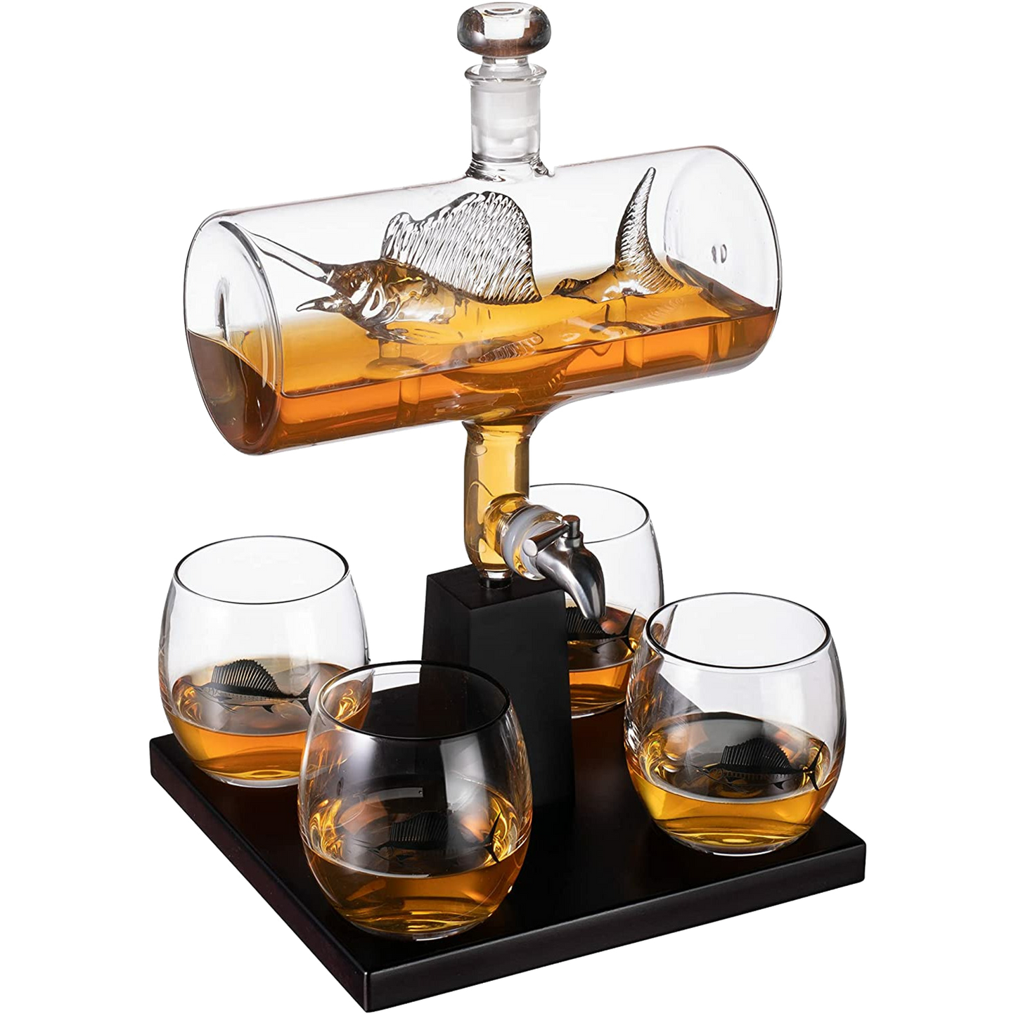 Swordfish & Sailfish Whiskey Decanter Dispenser and 4 Liquor Glasses - by The Wine Savant