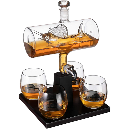 Swordfish & Sailfish Whiskey Decanter Dispenser and 4 Liquor Glasses - by The Wine Savant