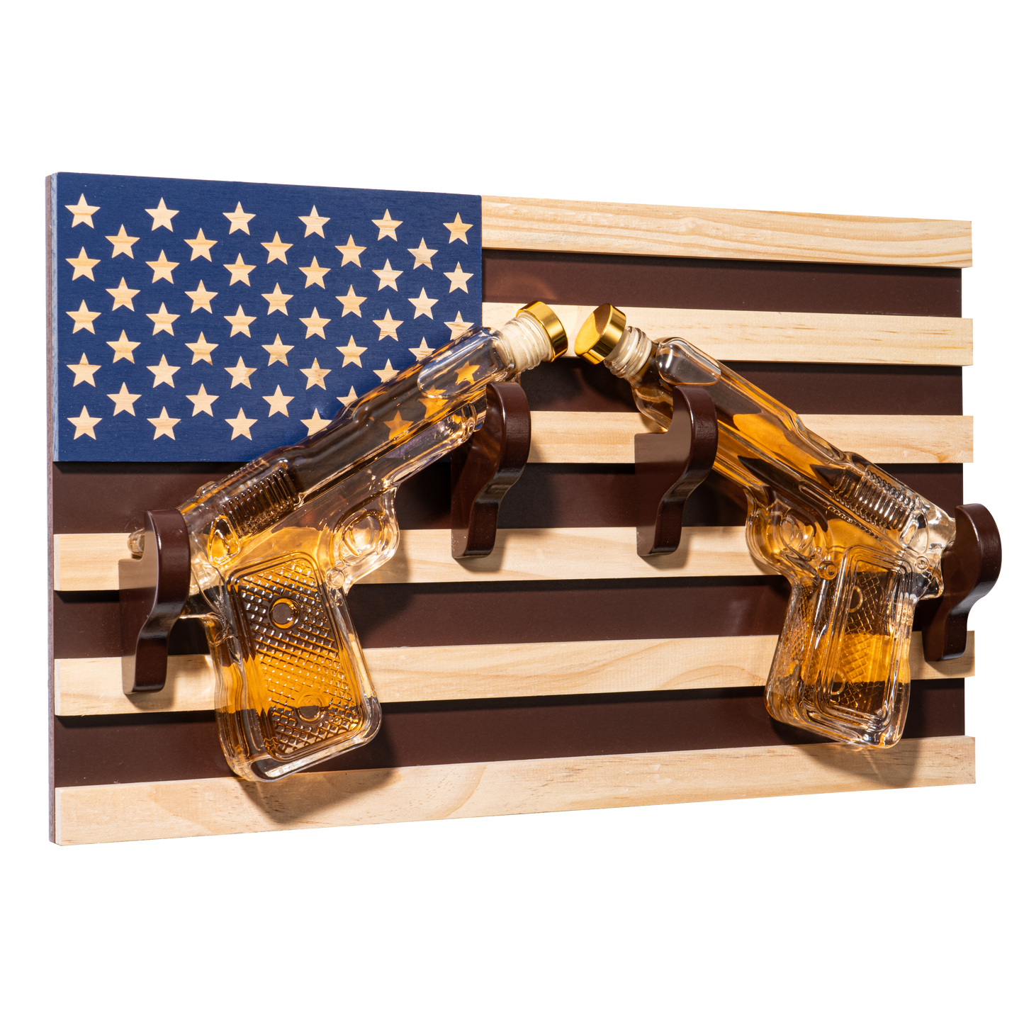 Pistol Whiskey Decanter Set of 2 (300ml) On American Flag Wall Rack by The Wine Savant