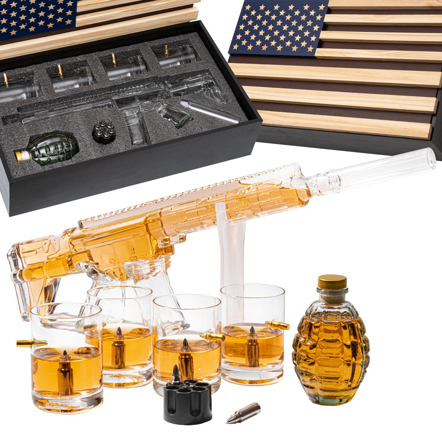 AR15 Whiskey Gun Decanter Flag Set - 1000ml Rifle & Pistol Set - Hanging Storage American Flag - by The Wine Savant