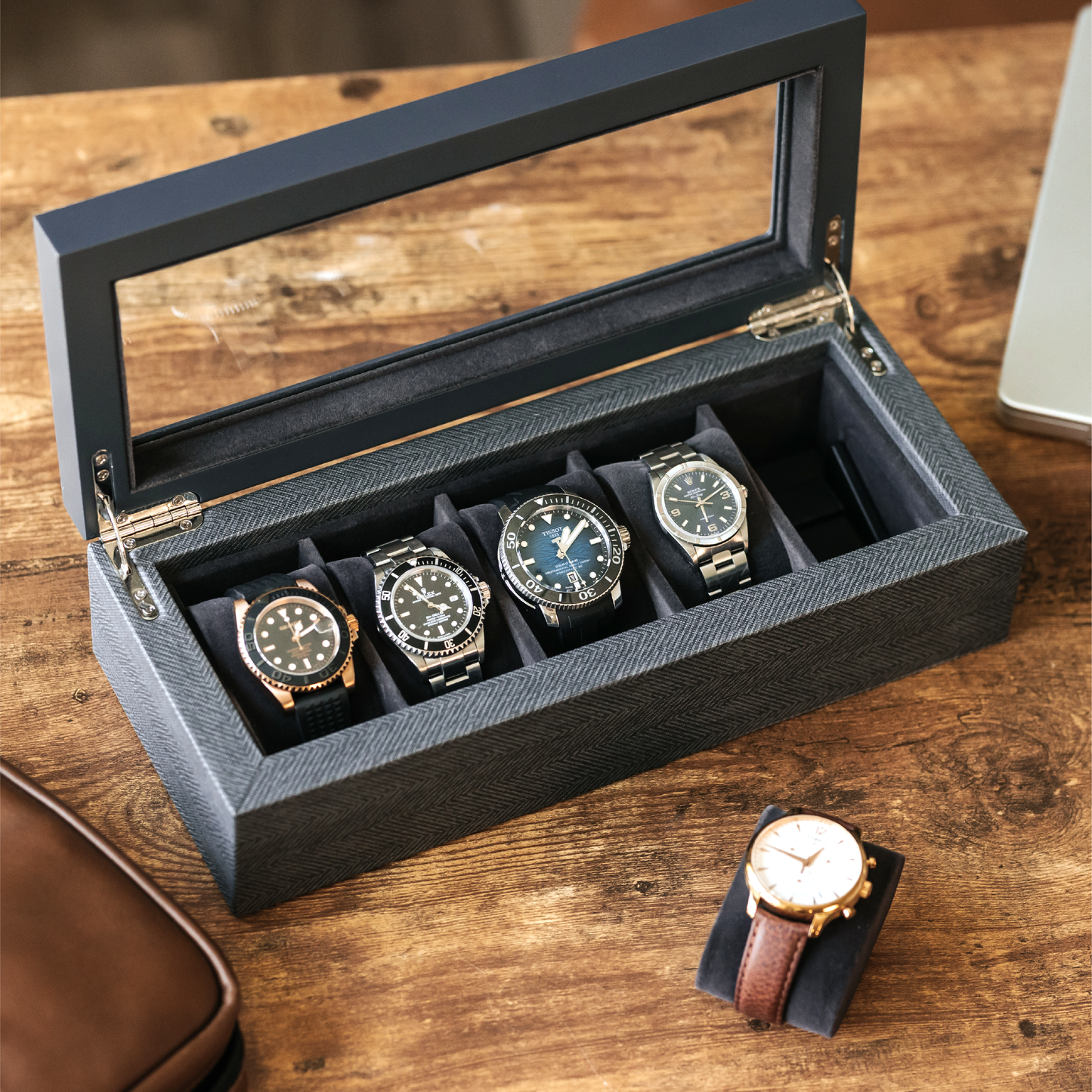 Herringbone Two-Toned Watch Box - 5 Slot by Case Elegance