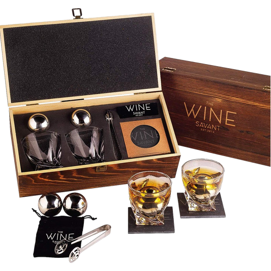 Whiskey Stones & Glasses Gift Set - 2 XL Chilling Stainless Steel Whiskey Balls - by The Wine Savant