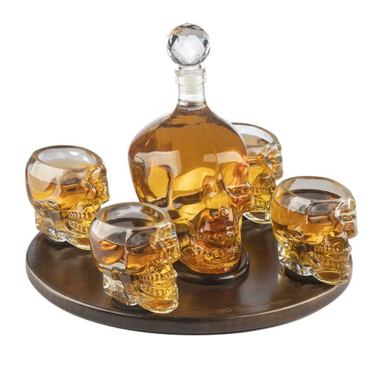 Skull Decanter Large Set with 4 Skull Shot Glasses - by The Wine Savant