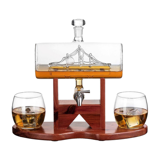 Whiskey Decanter Set - (1250ml) Ship & 2 Whiskey Glasses - by The Wine Savant