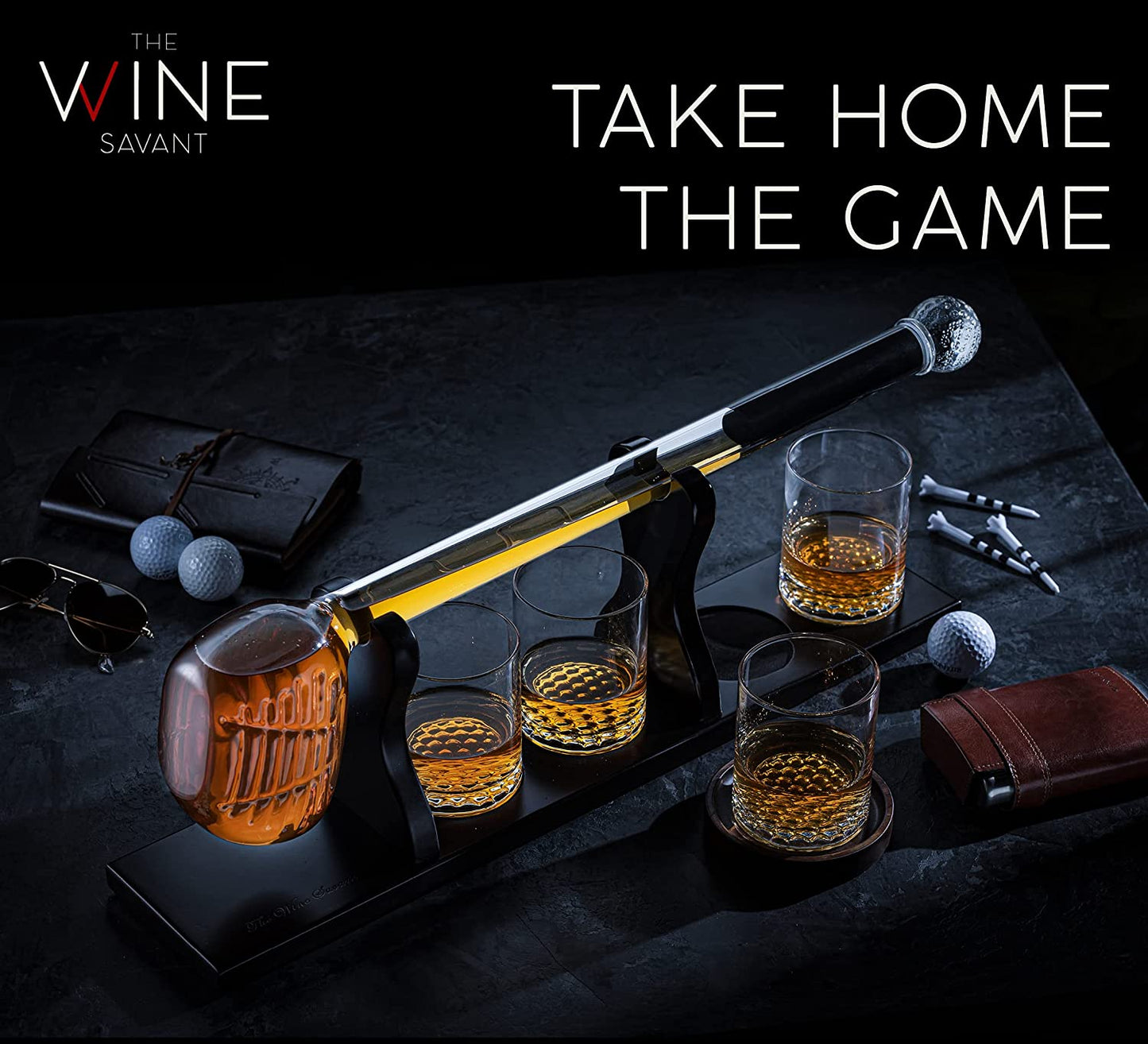 Golf Whiskey Decanter and 4 Liquor Glasses - by The Wine Savant