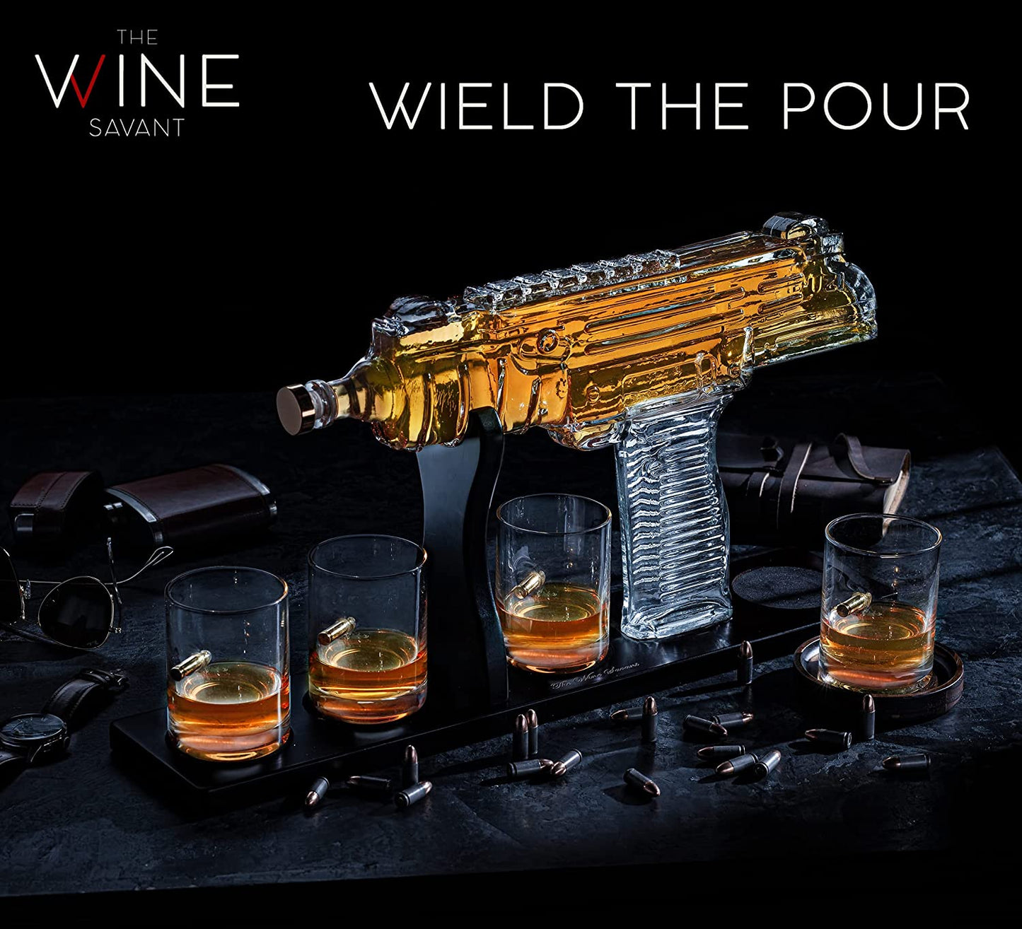 Uzi Submachine Gun Whiskey Gun Decanter and 4 Liquor Glasses - by The Wine Savant