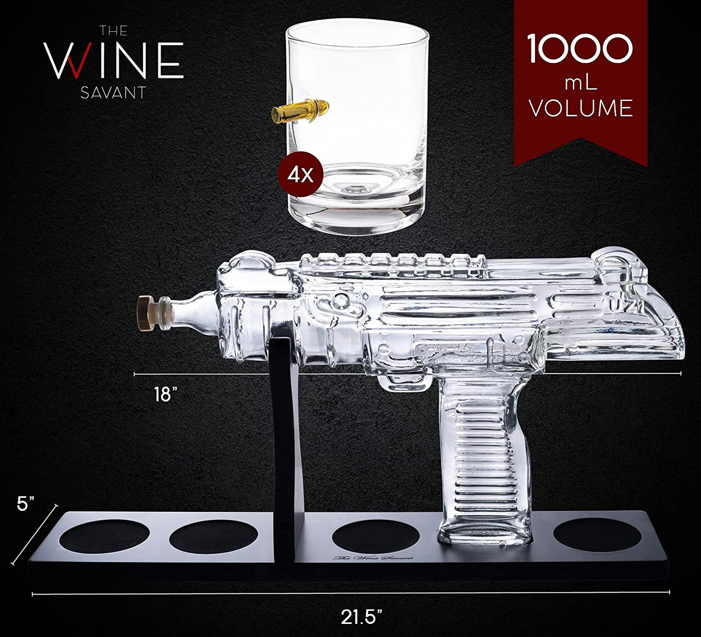 Uzi Submachine Gun Whiskey Gun Decanter and 4 Liquor Glasses - by The Wine Savant