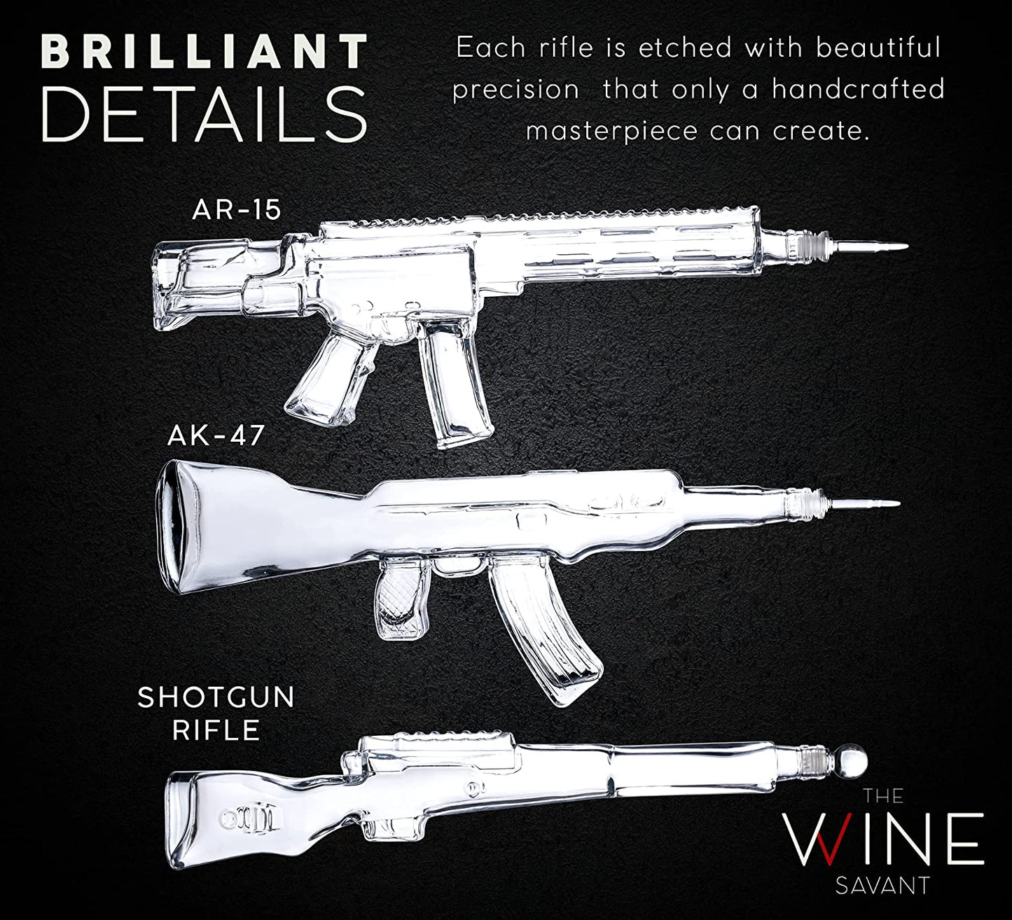 3 Gun Whiskey Decanters Set AR15, AK47, & Rifle Gun Decanter Set 1000ml by The Wine Savant