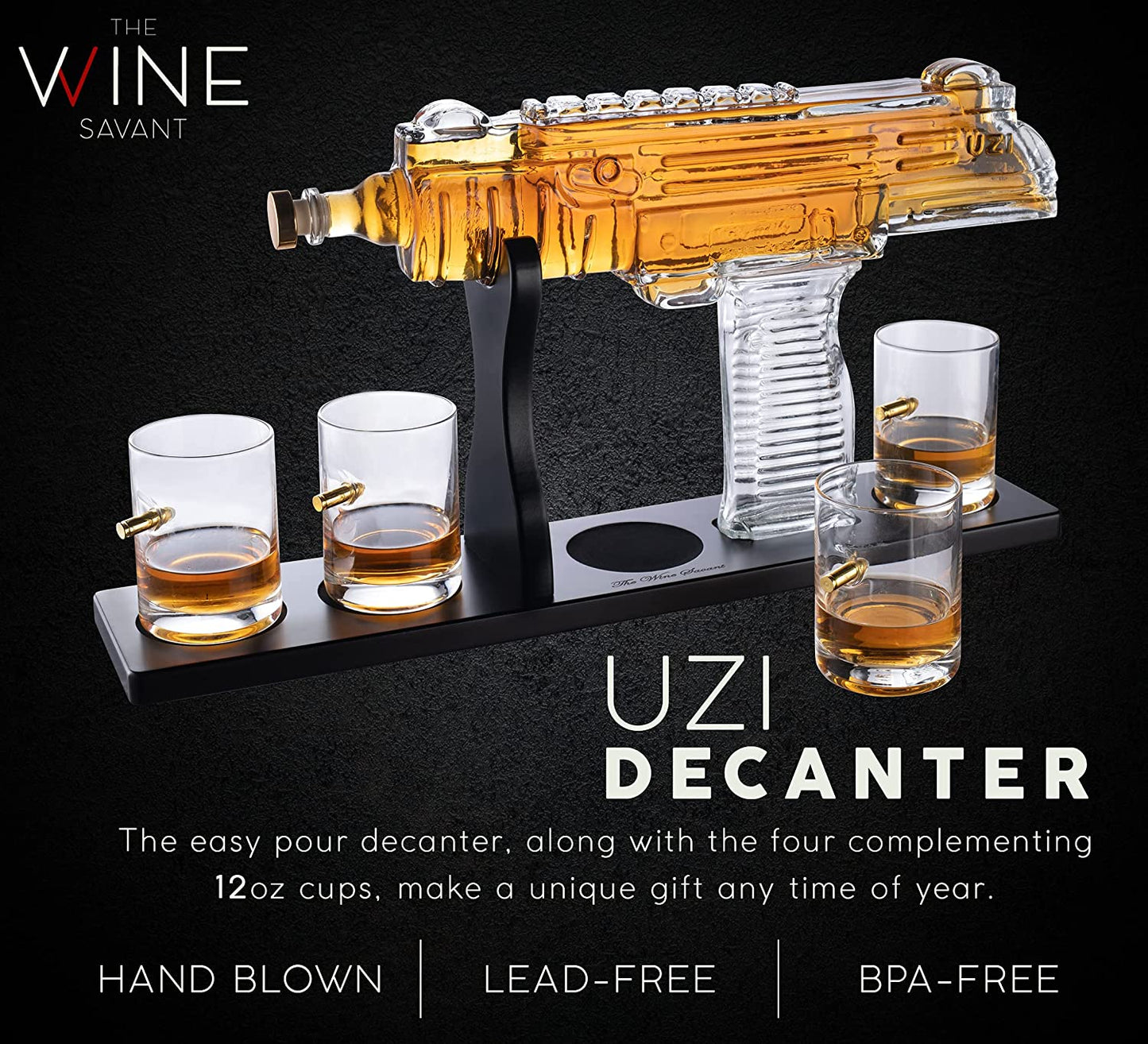 Uzi Submachine Gun Whiskey Gun Decanter and 4 Liquor Glasses - by The Wine Savant