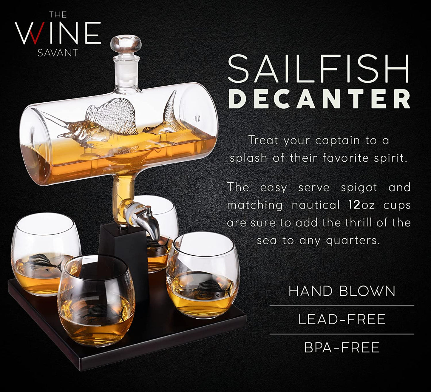 Swordfish & Sailfish Whiskey Decanter Dispenser and 4 Liquor Glasses - by The Wine Savant