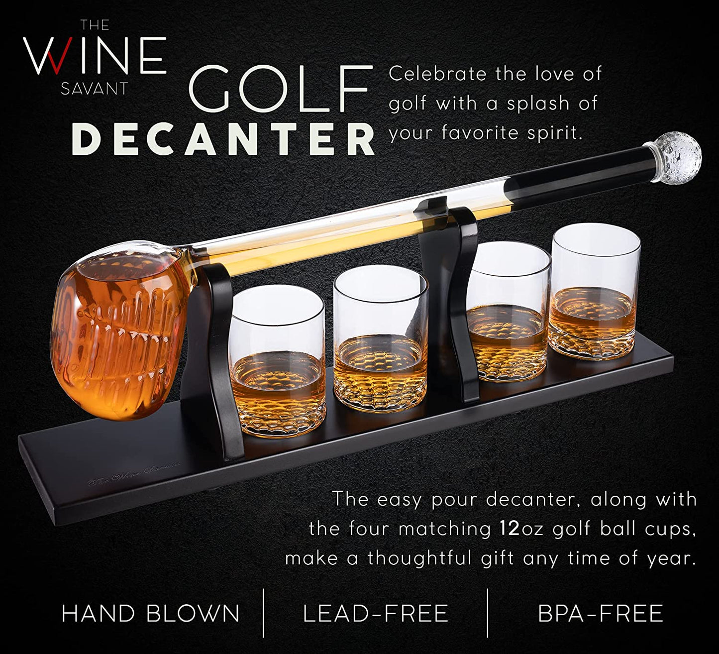 Golf Whiskey Decanter and 4 Liquor Glasses - by The Wine Savant