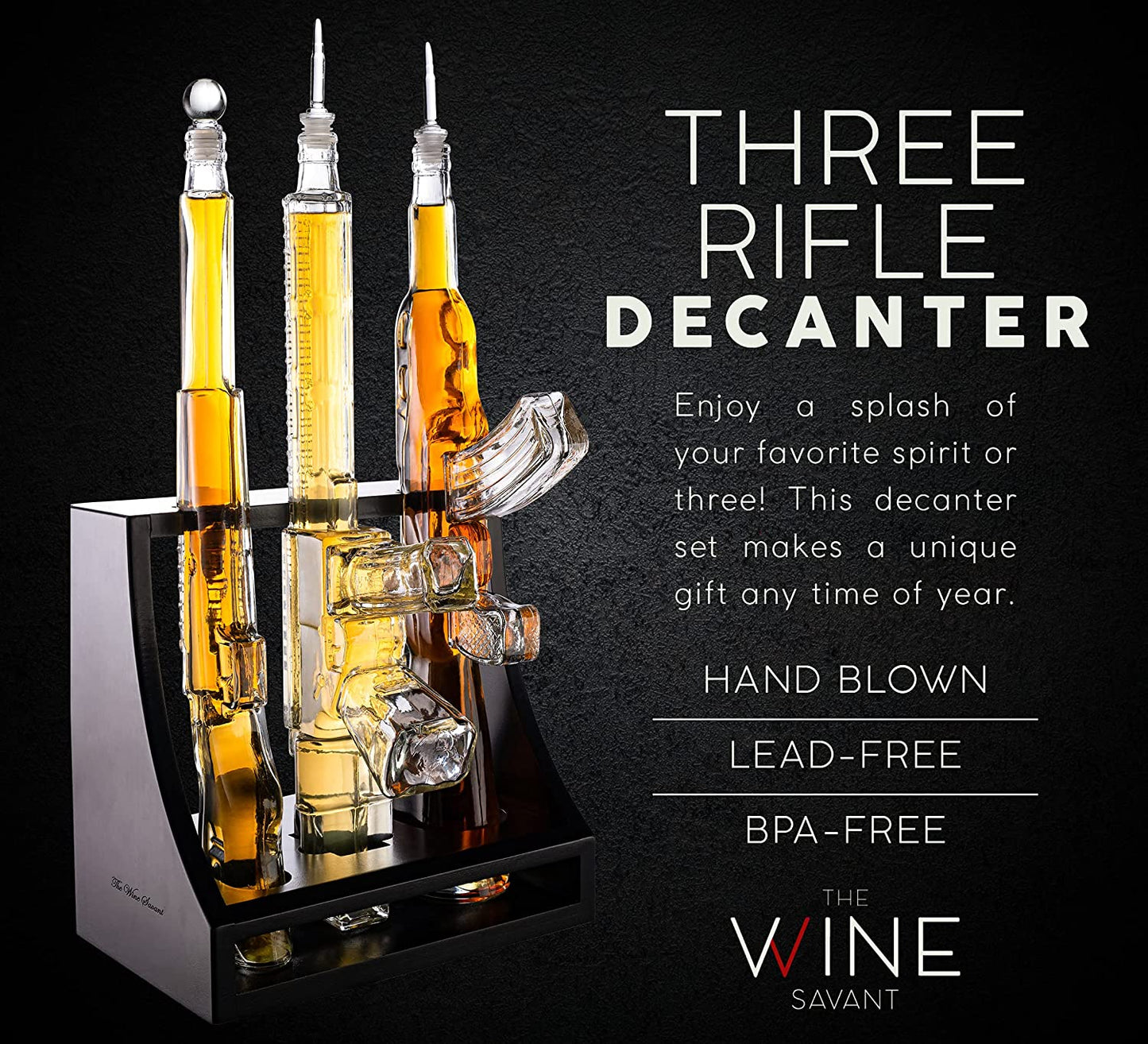 3 Gun Whiskey Decanters Set AR15, AK47, & Rifle Gun Decanter Set 1000ml by The Wine Savant