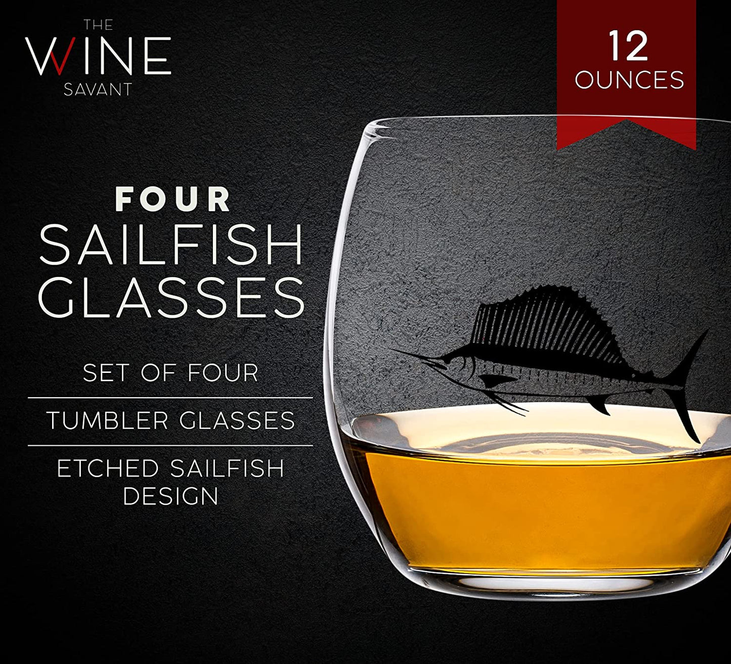 Swordfish & Sailfish Whiskey Decanter Dispenser and 4 Liquor Glasses - by The Wine Savant