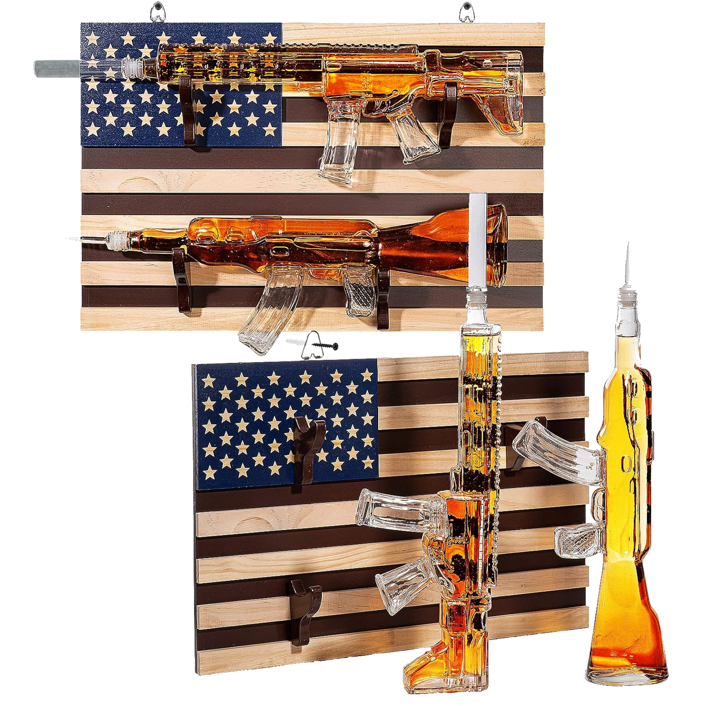 AR15 and AK47 Gun Decanter Set (1000ml) American Flag Wall Rack by The Wine Savant