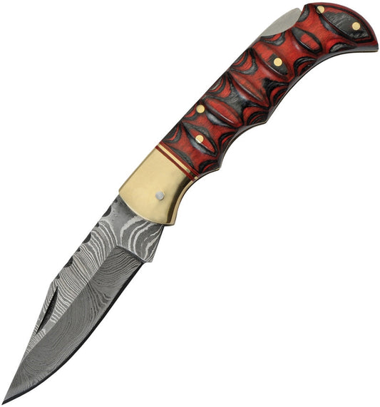 Grooved Lockback Damascus Steel Pocket Knife - Red by Vintage Gentlemen