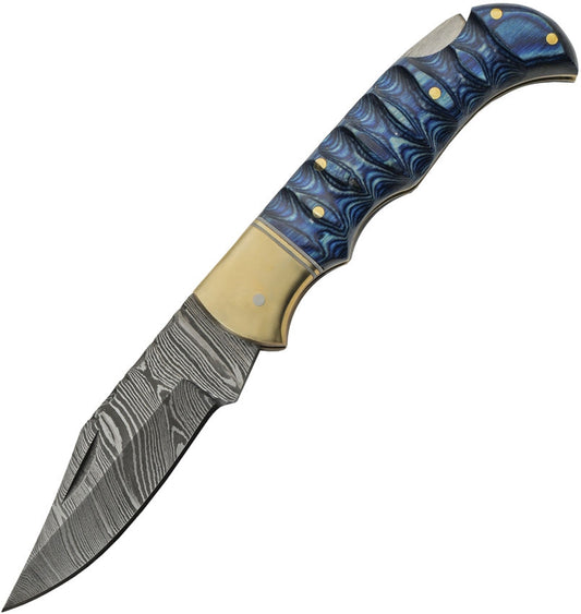 Grooved Lockback Damascus Pocket Knife - Blue by Vintage Gentlemen