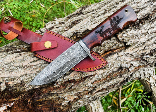 A.3 DAMASCUS STEEL HUNTING KNIFE BUCK ENGRAVED WALNUT SCALES TD-710