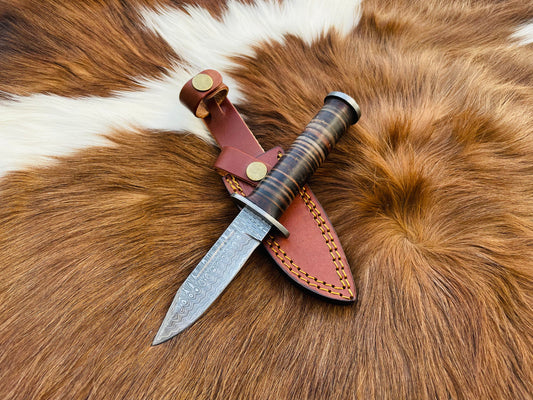 TD-708 MILITARY STYLE CLIFF POINT KNIFE HIGH CARBON DAMASCUS BLADE HAND MADE BY TITAN STACKED LEATHER HANDLE