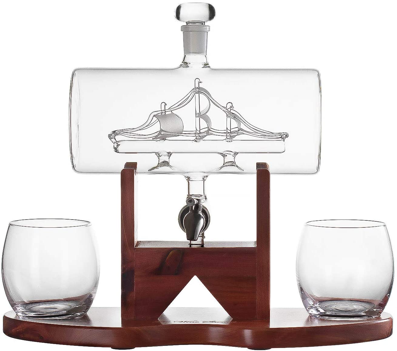 Whiskey Decanter Set - (1250ml) Ship & 2 Whiskey Glasses - by The Wine Savant