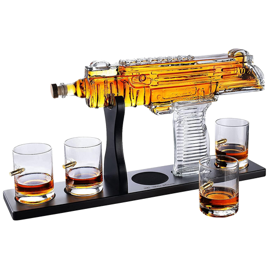 Uzi Submachine Gun Whiskey Gun Decanter and 4 Liquor Glasses - by The Wine Savant